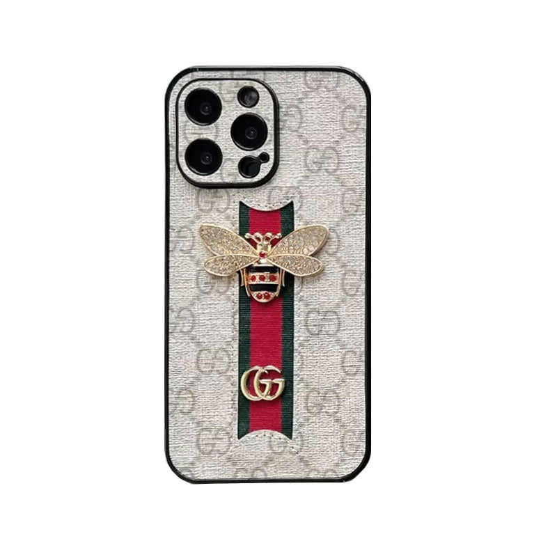 Classic Leather GG Bees Phone Case with Strap