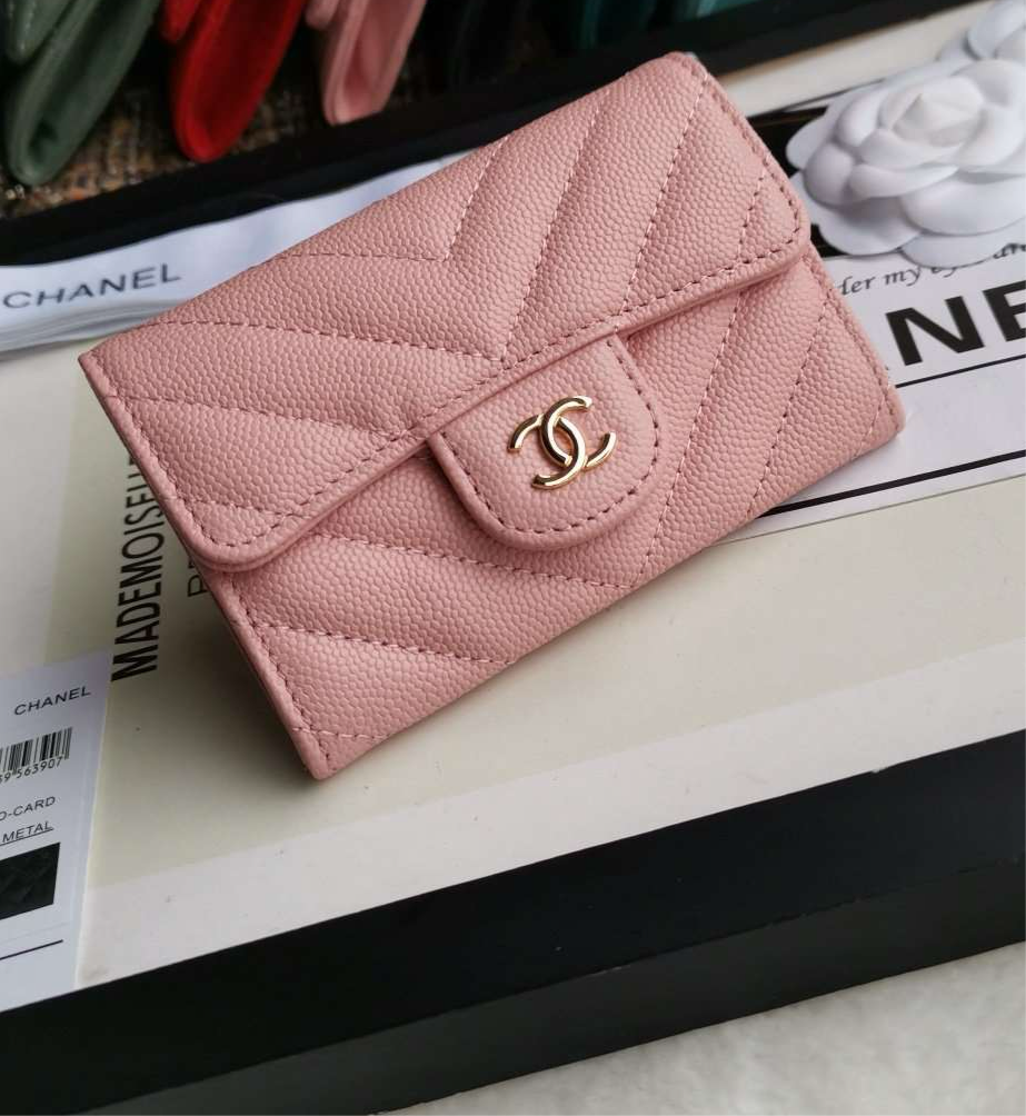 Chanel Caviar Chevron Quilted Compact Flap Wallet Pink - Matte Pink