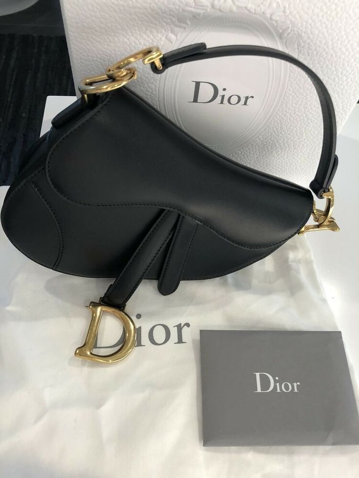 Dior Vintage Black Leather Saddle Bag with Gold Ornaments