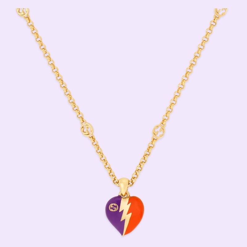 Gucci Double G Interlocking G Heart Lightning Charm Necklace