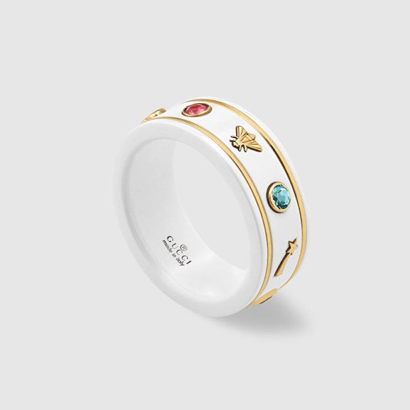 Gucci Double G Icon With Gemstones White Zirconia Ring - 18K Yellow Gold