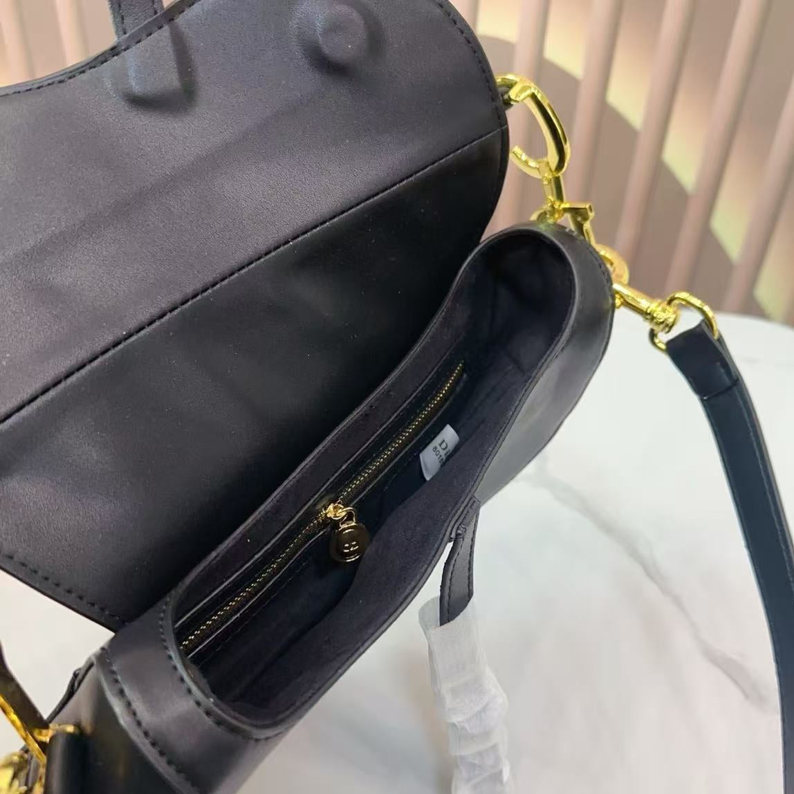 Dior Vintage Black Leather Saddle Bag with Gold Ornaments