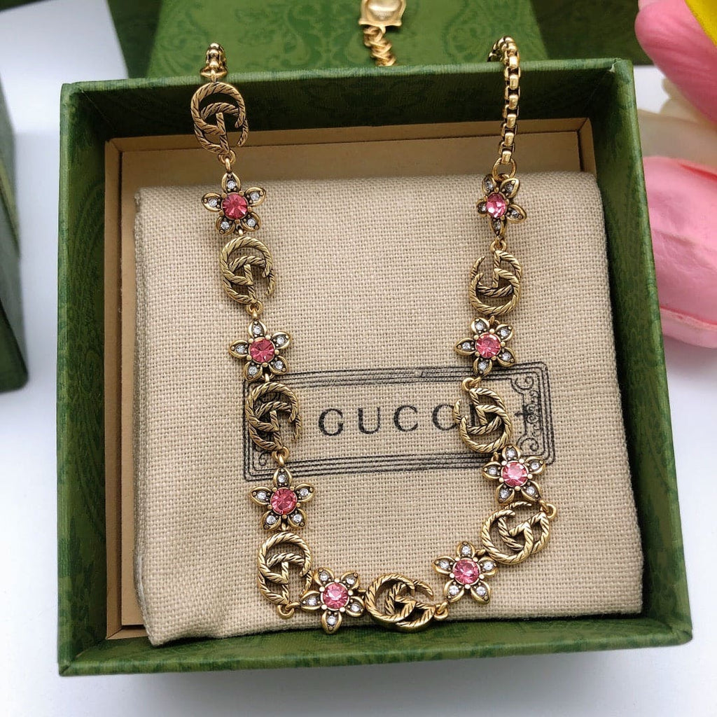 Gucci Double G Interlocking G Red Flowers Necklace