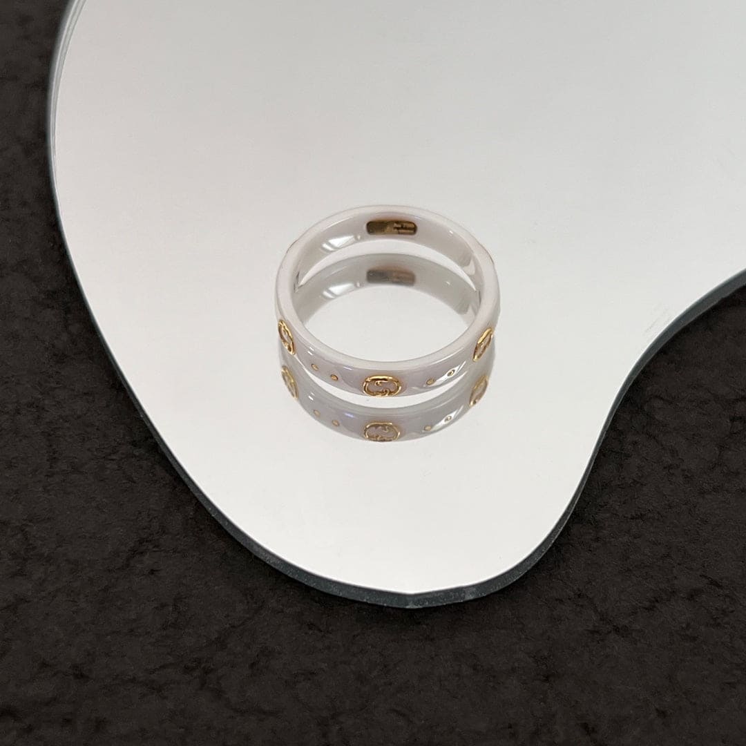 Gucci Double G Icon White Zirconia Ring - 5 mm Width - 18K Yellow Gold