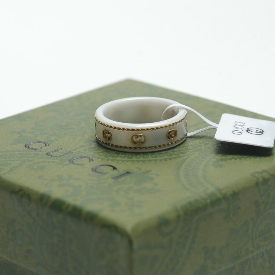 Gucci Double G Interlocking G Icon White Zirconia Ring - 18K Yellow Gold