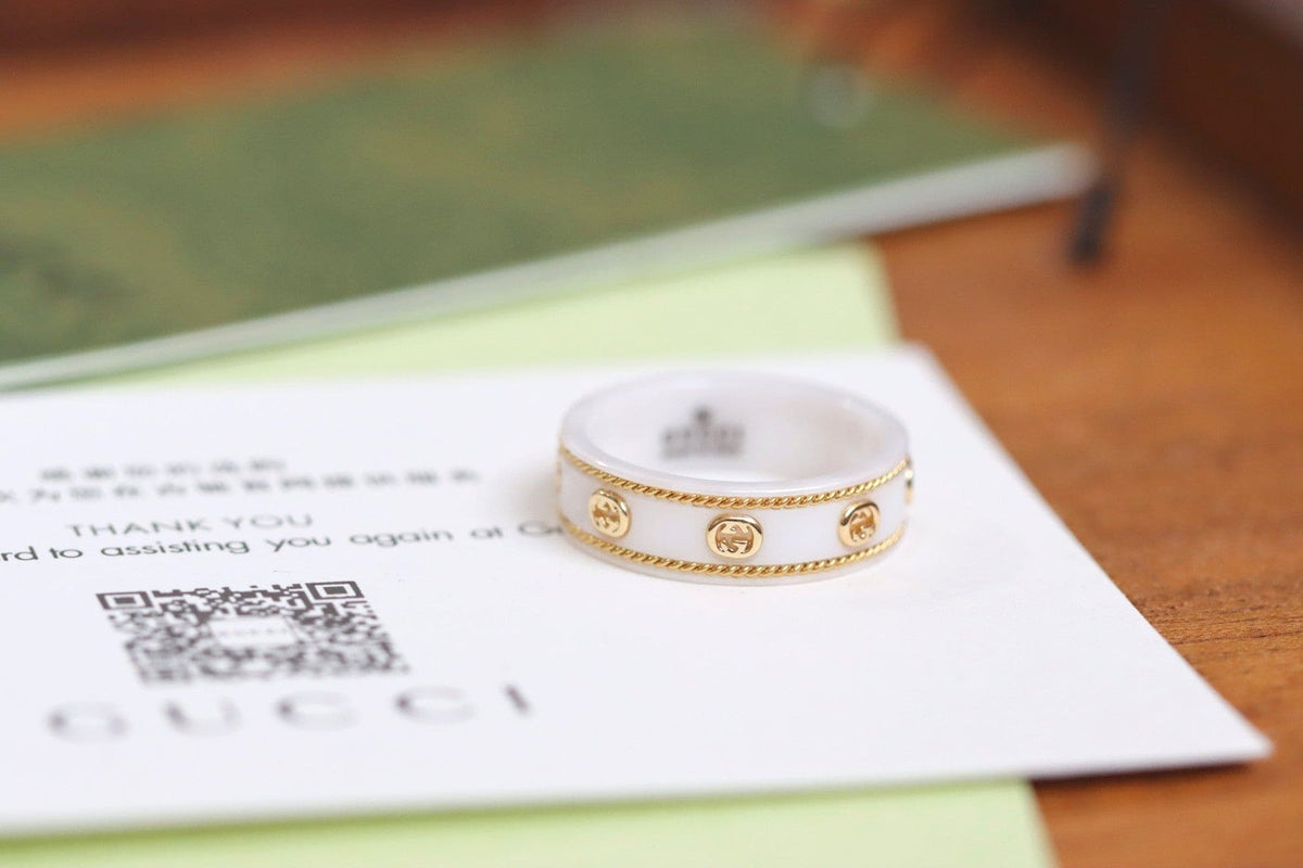 Gucci Double G Interlocking G Icon White Zirconia Ring - 18K Yellow Gold