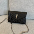 YSL Cassandre Envelope Chain Wallet Black Grain Leather