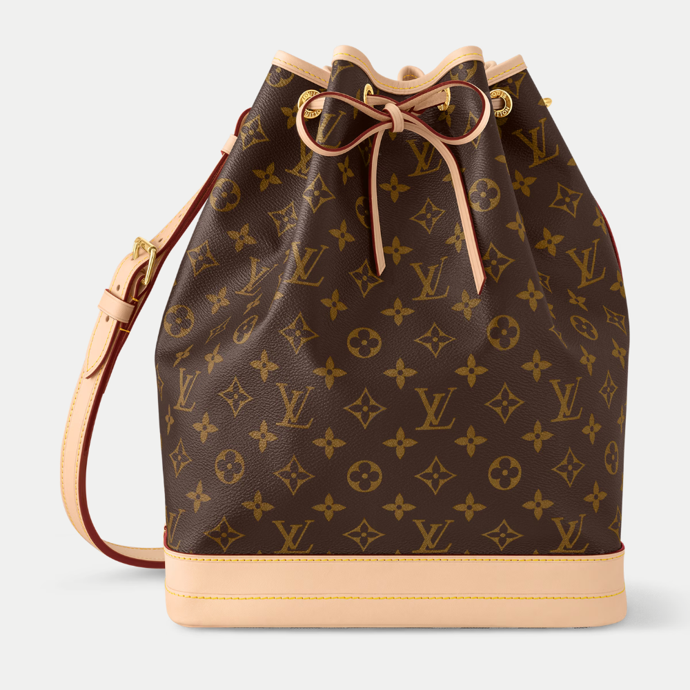 LV Noé Monogram Canvas Bucket Shoulder Bag with Leather Trim and Drawstring Closure - Brown