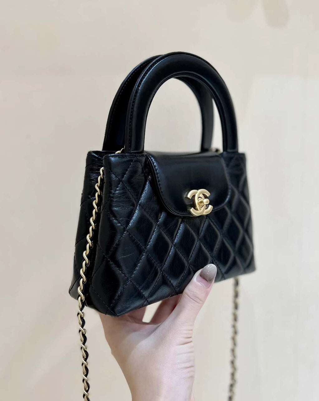 Chanel Kelly Mini Shopping Bag Mini 23K Shiny Aged Calfskin Black