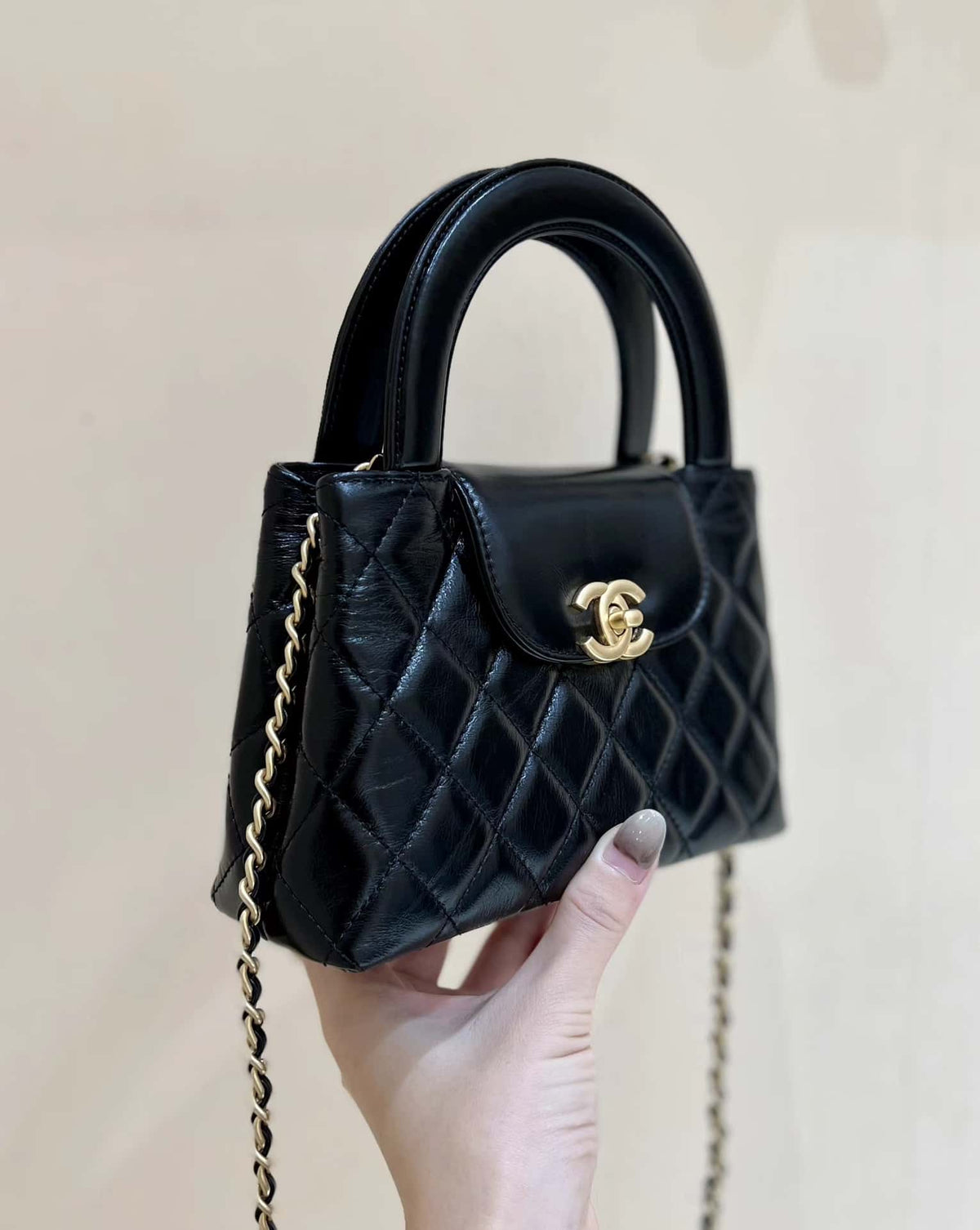 Chanel Kelly Mini Shopping Bag Mini 23K Shiny Aged Calfskin Black