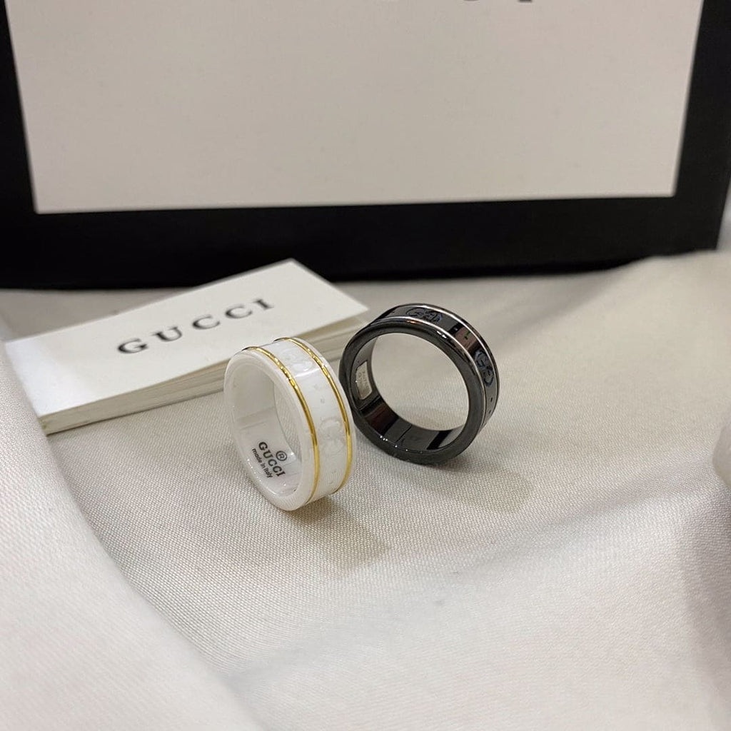 Gucci Double G Icon White Zirconia Ring - 8 mm Width - 18K Yellow Gold