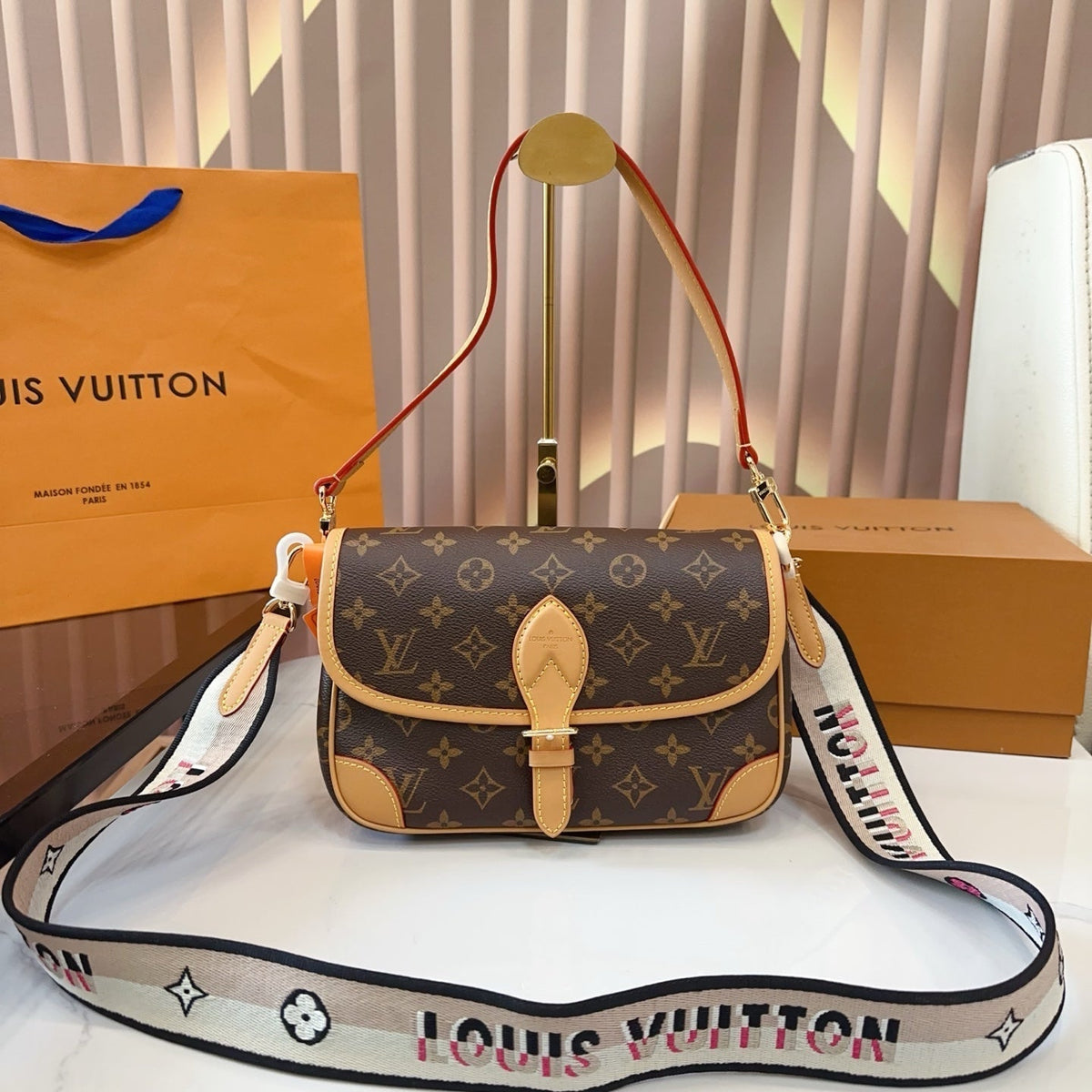 LV Diane Monogram Canvas Crossbody Bag with Embroidered Adjustable Strap