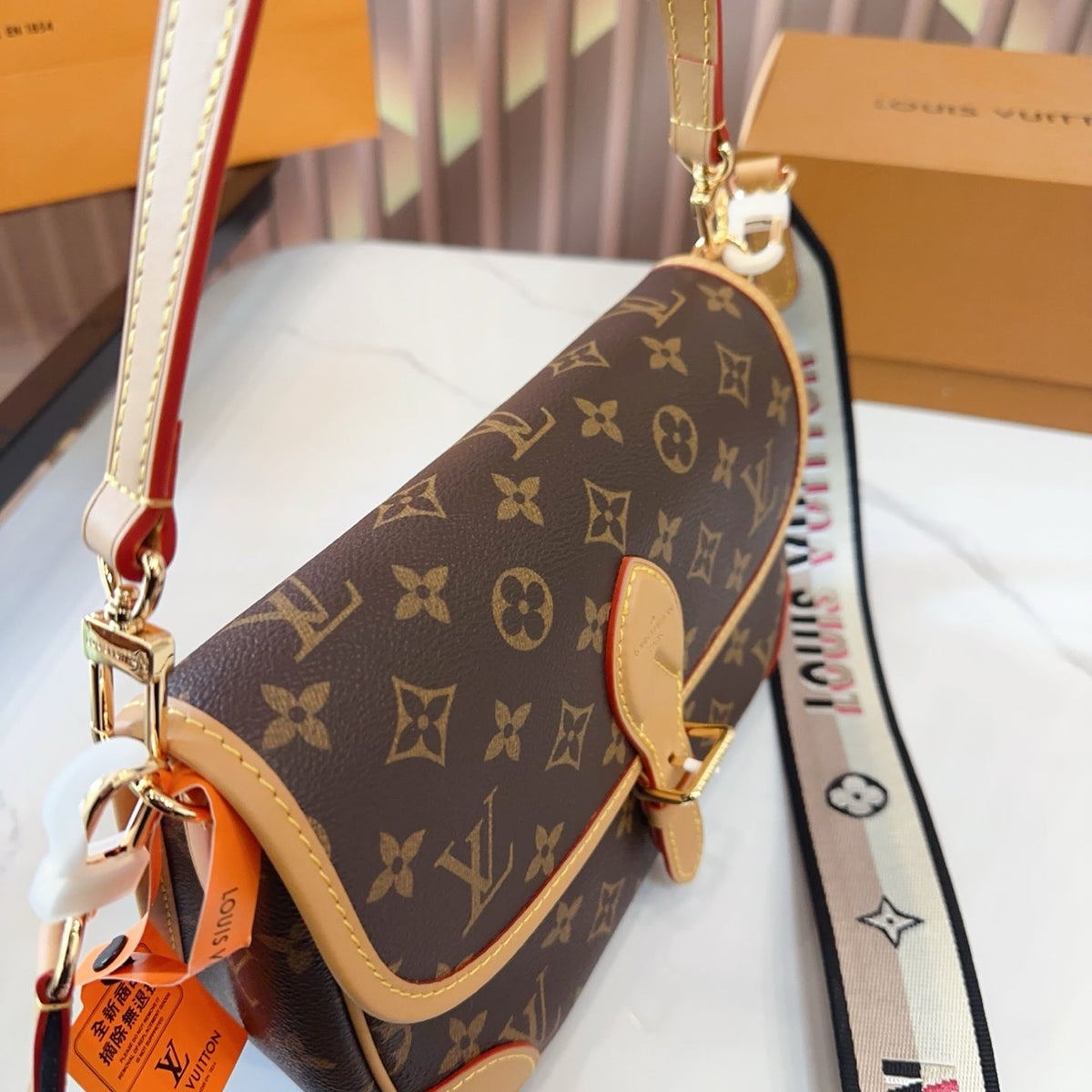 LV Diane Monogram Canvas Crossbody Bag with Embroidered Adjustable Strap