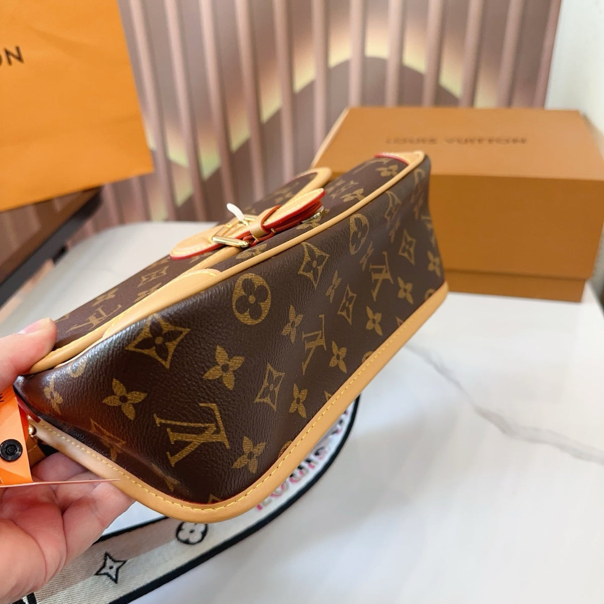 LV Diane Monogram Canvas Crossbody Bag with Embroidered Adjustable Strap