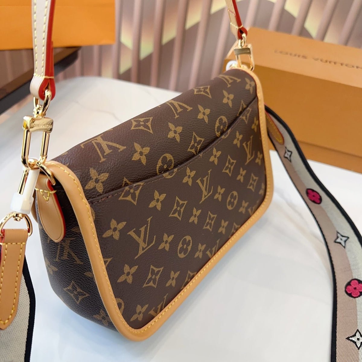 LV Diane Monogram Canvas Crossbody Bag with Embroidered Adjustable Strap
