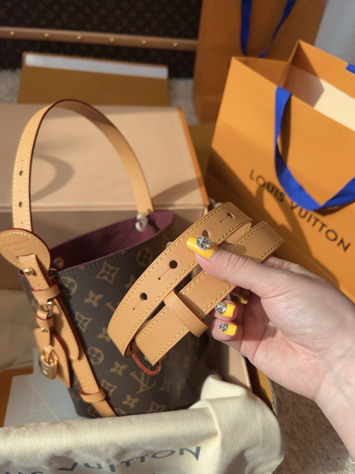 LV Sac Noé BB Monogram Canvas Bucket Shoulder Bag with Leather Trim and Drawstring Closure