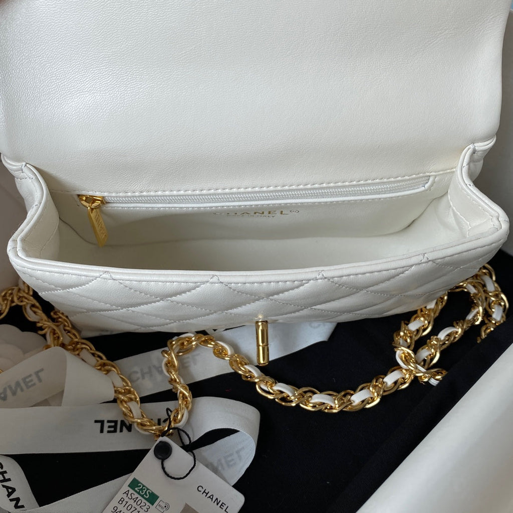 Chanel Flap Bag Gold Top Handle White