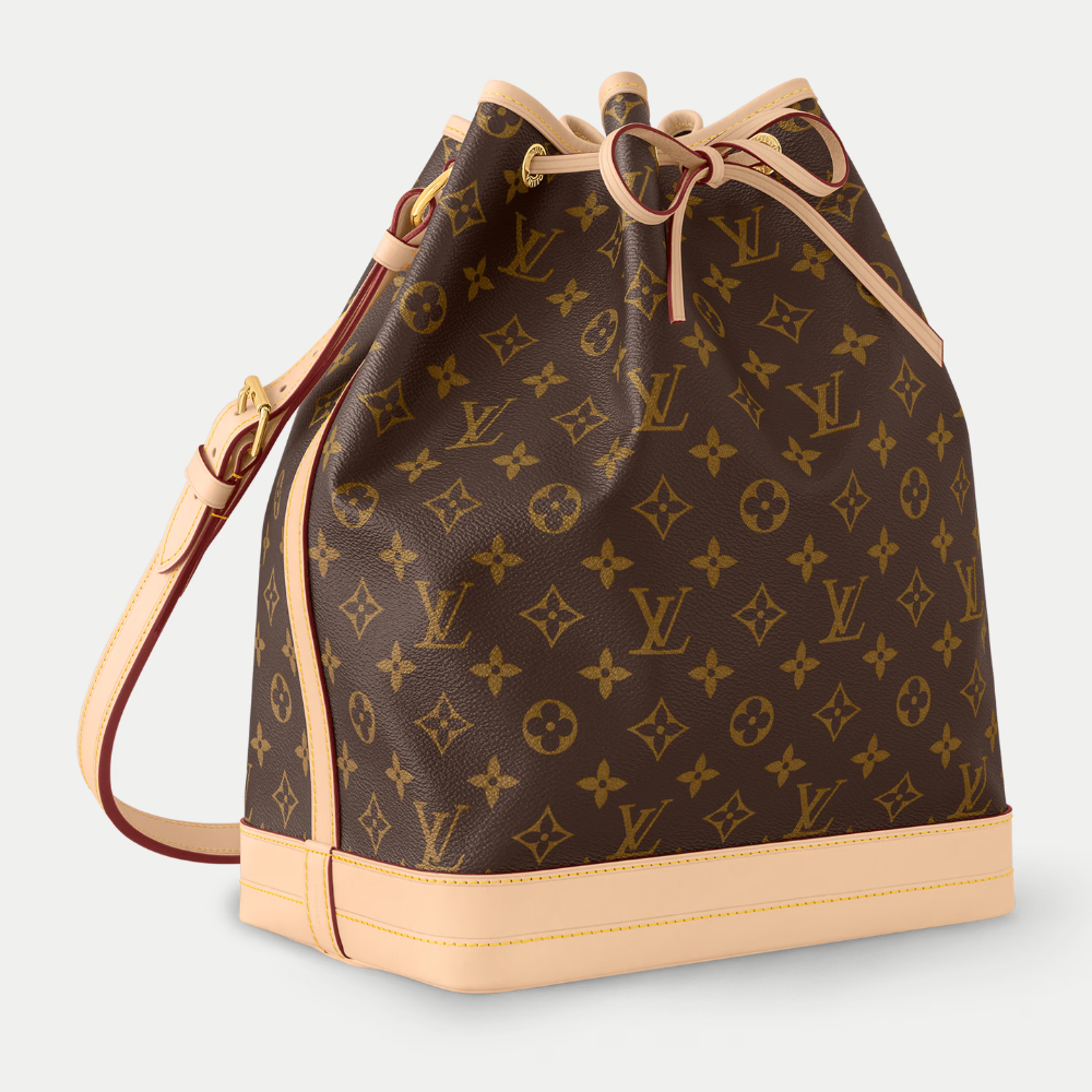 LV Noé Monogram Canvas Bucket Shoulder Bag with Leather Trim and Drawstring Closure - Brown