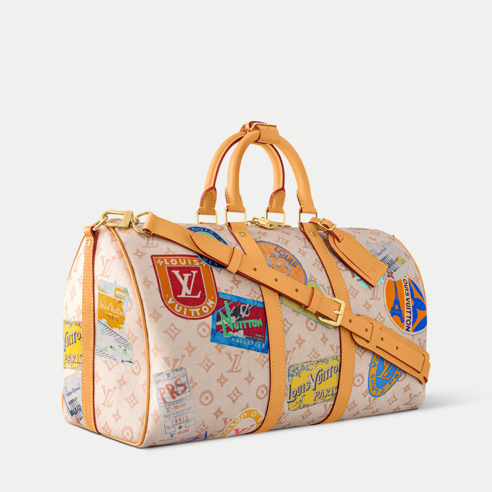 LV Keepall Bandoulière 45 Monogram Dune Canvas Travel Handle Shoulder Bag with Leather Trim and Travel Patches