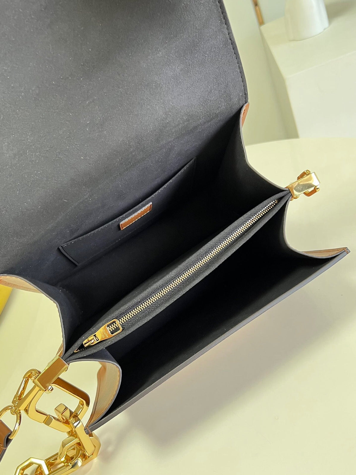 LV Dauphine MM Monogram Reverse Canvas Shoulder Crossbody Bag with Chain Strap and Leather Trim 25 cm - Brown