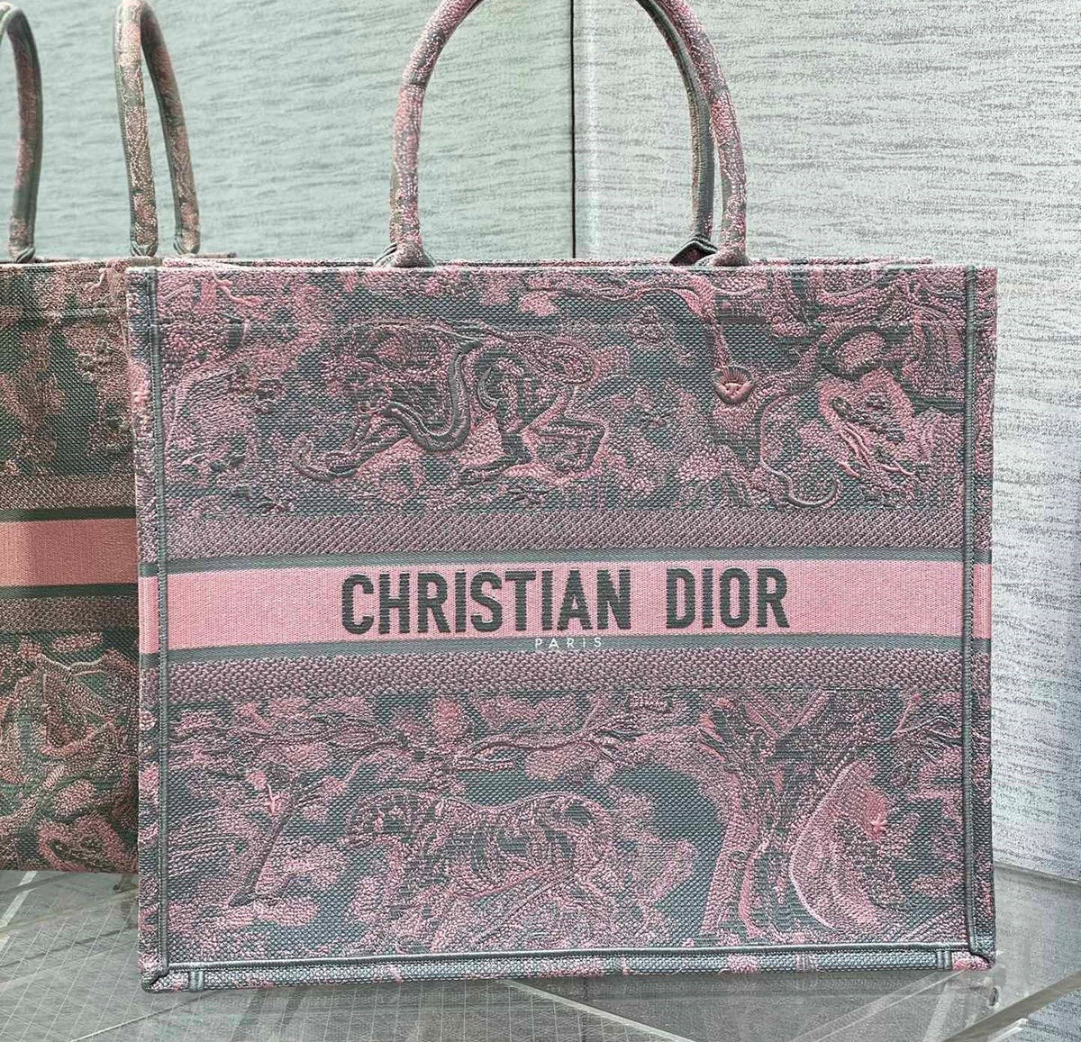 Dior Book Tote Large Gray and Pink Toile De Jouy Reverse Beverly Hills Embroidery