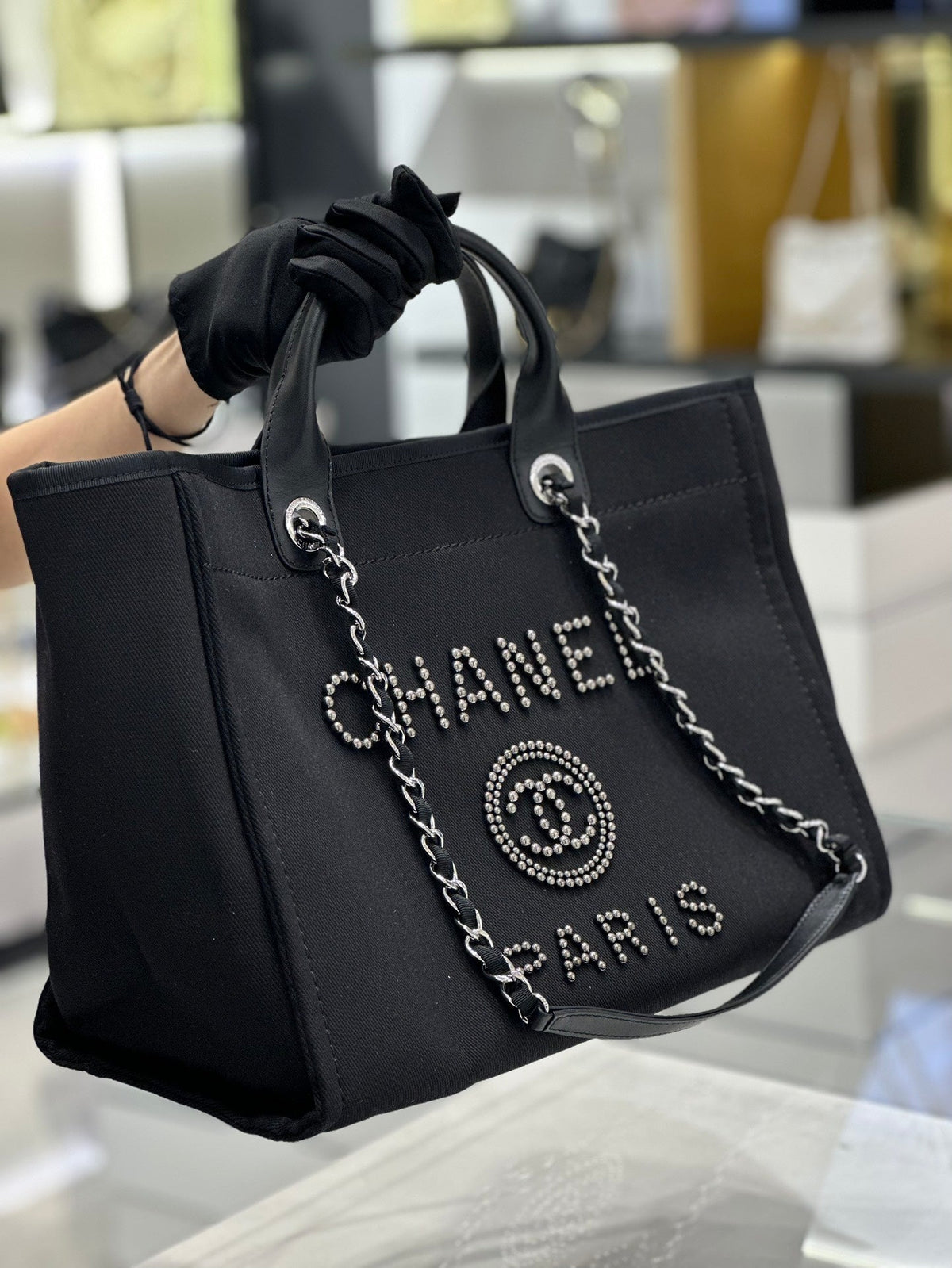 Chanel Natural Canvas and Black Leather Large Pearl Deauville Tote
