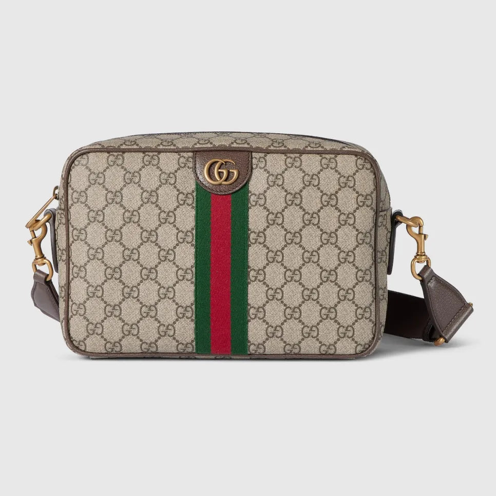 Gucci Ophidia Medium GG Supreme Canvas Shoulder Crossbody Bag with Web Stripe and Leather Trim