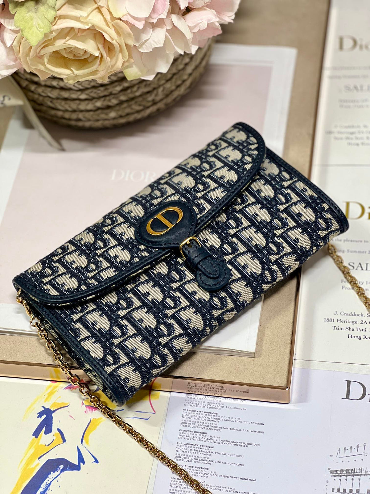 Dior Bobby Wallet On Chain East West Blue Oblique Jacquard