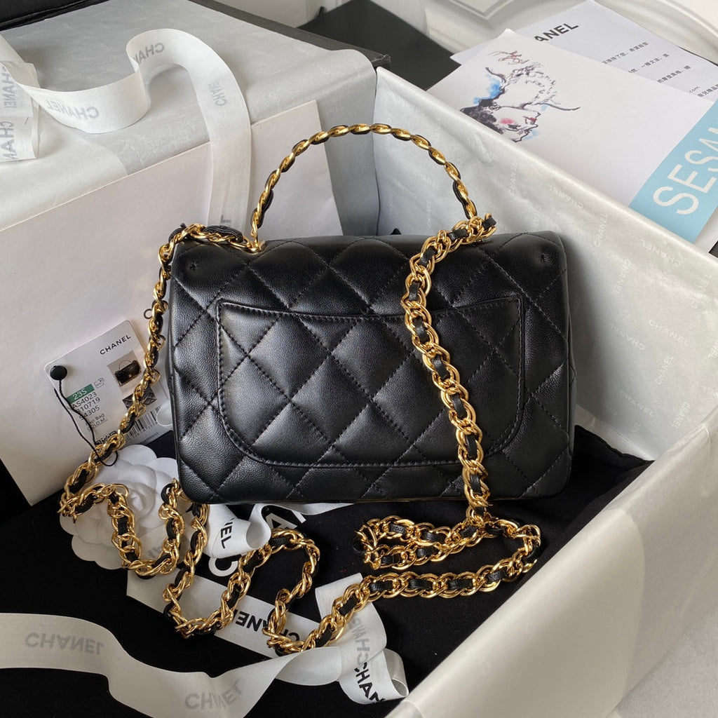Chanel Flap Bag Gold Top Handle Black