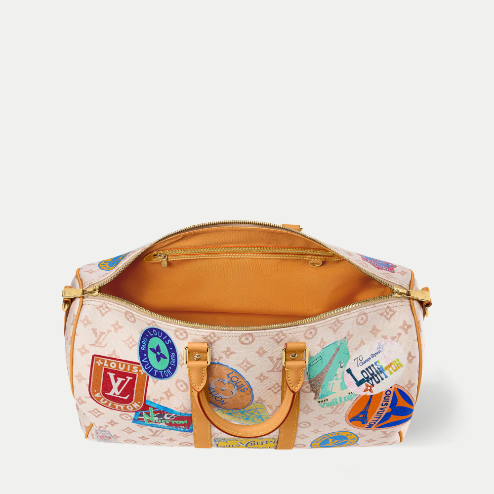 LV Keepall Bandoulière 45 Monogram Dune Canvas Travel Handle Shoulder Bag with Leather Trim and Travel Patches