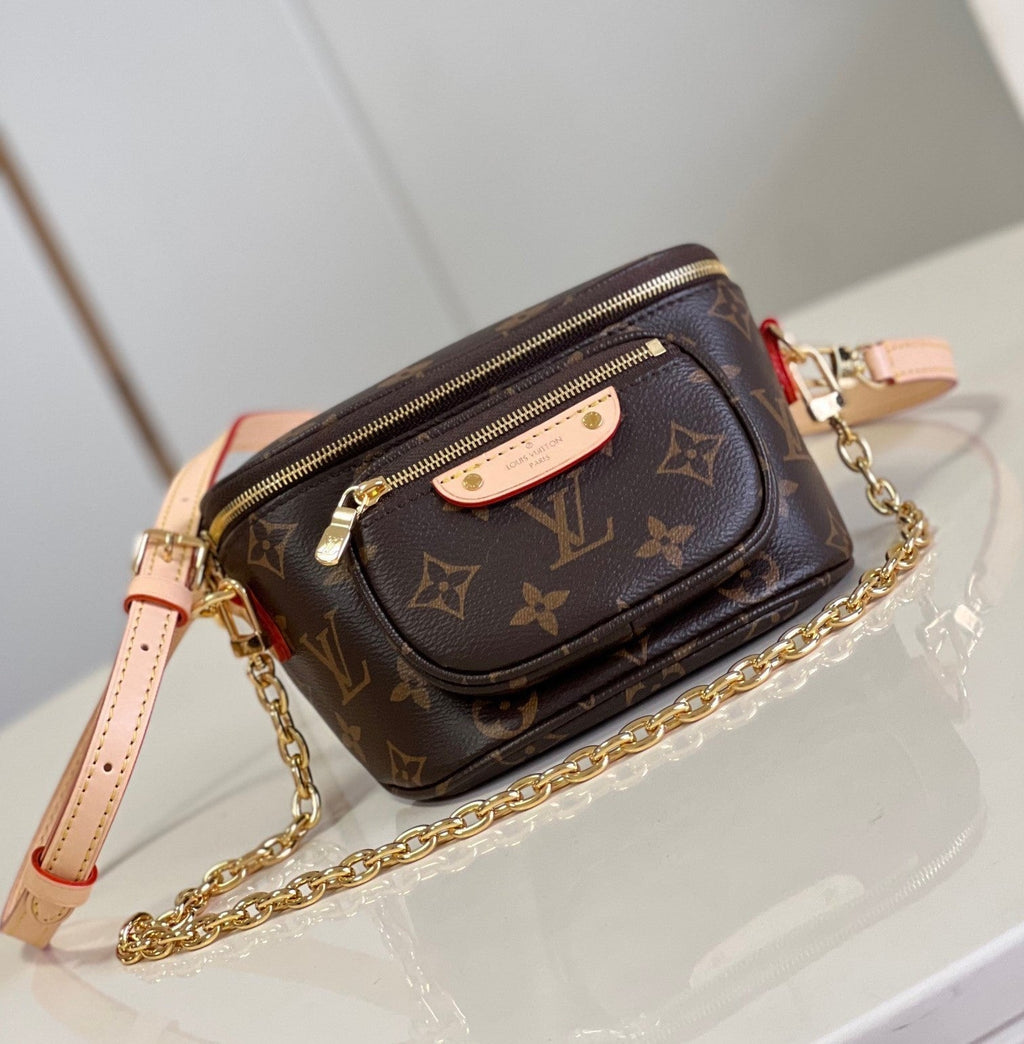 LV Mini Bumbag Monogram Canvas Crossbody Belt Bag with Chain Strap and Leather Trim - Black