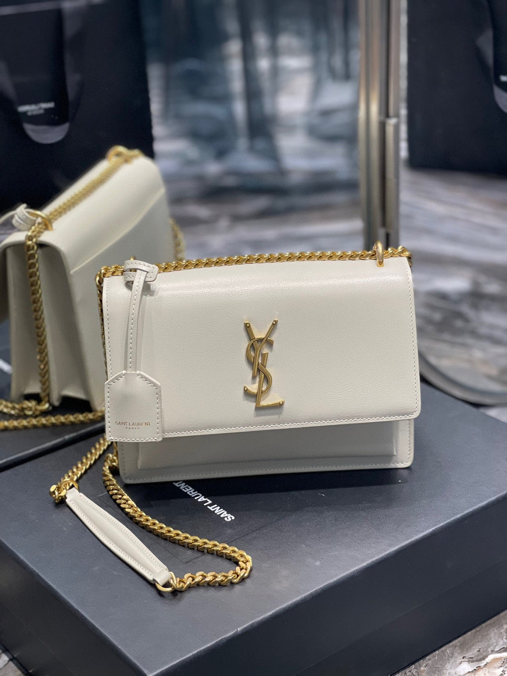 YSL Medium Sunset Bag 22 White Lambskin Gold Tone