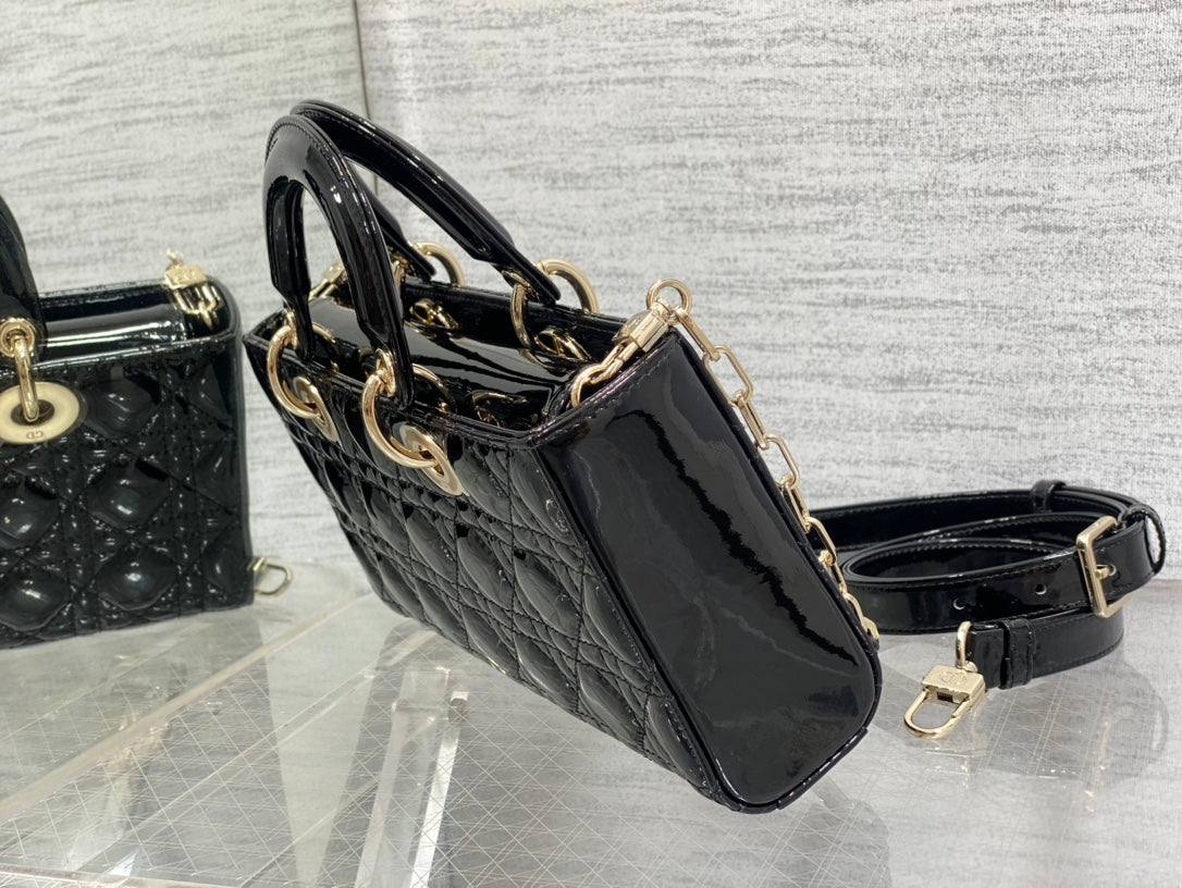 Dior Lady D-Joy Medium Patent Black Leather Bag