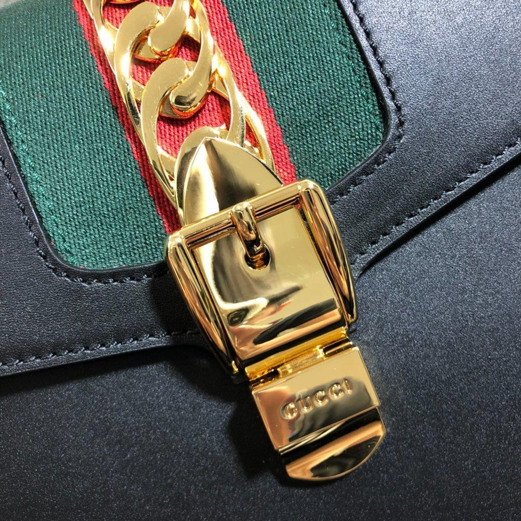 Gucci GG Sylvie Leather Medium Top Handle Bag - Black