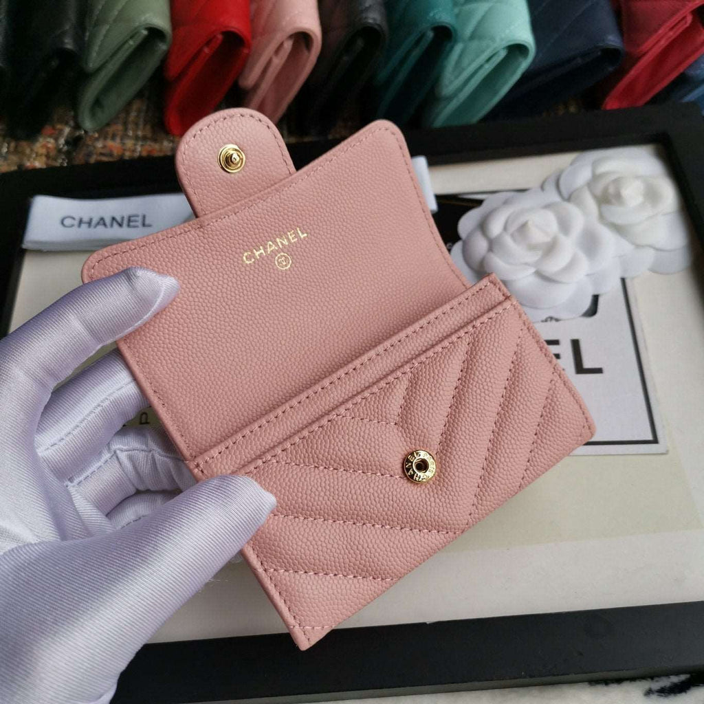 Chanel Caviar Chevron Quilted Compact Flap Wallet Pink - Matte Pink