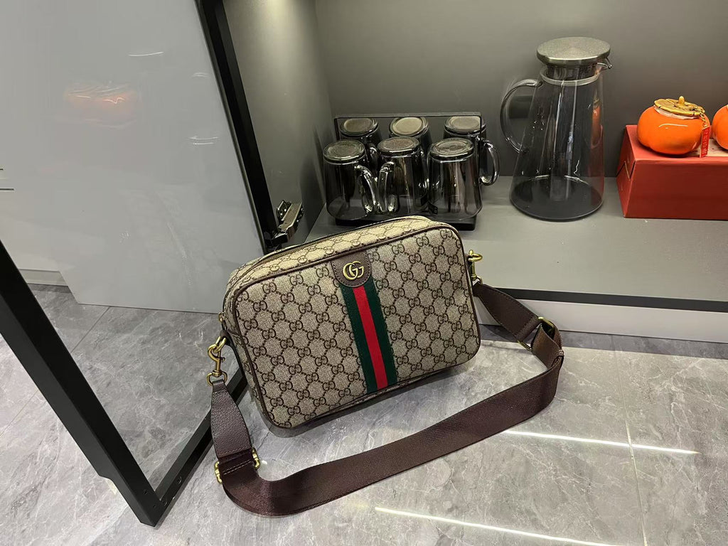 Gucci Ophidia Medium GG Supreme Canvas Shoulder Crossbody Bag with Web Stripe and Leather Trim