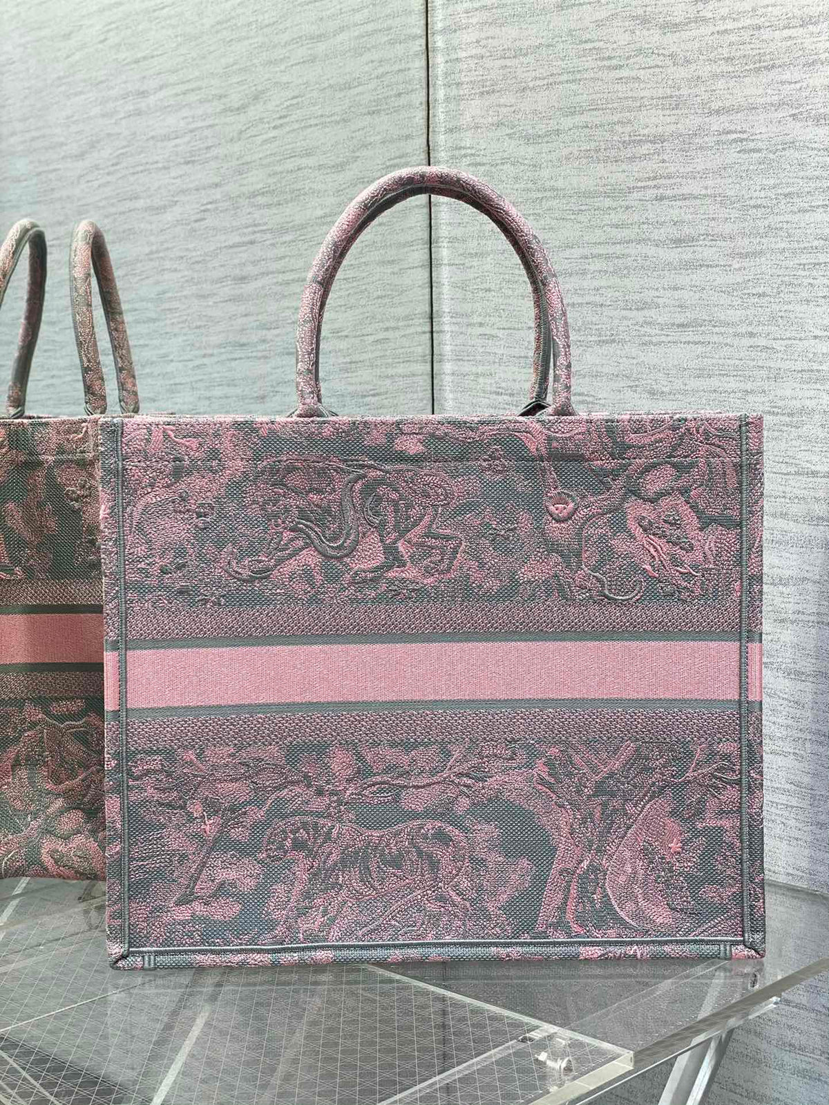 Dior Book Tote Large Gray and Pink Toile De Jouy Reverse Beverly Hills Embroidery