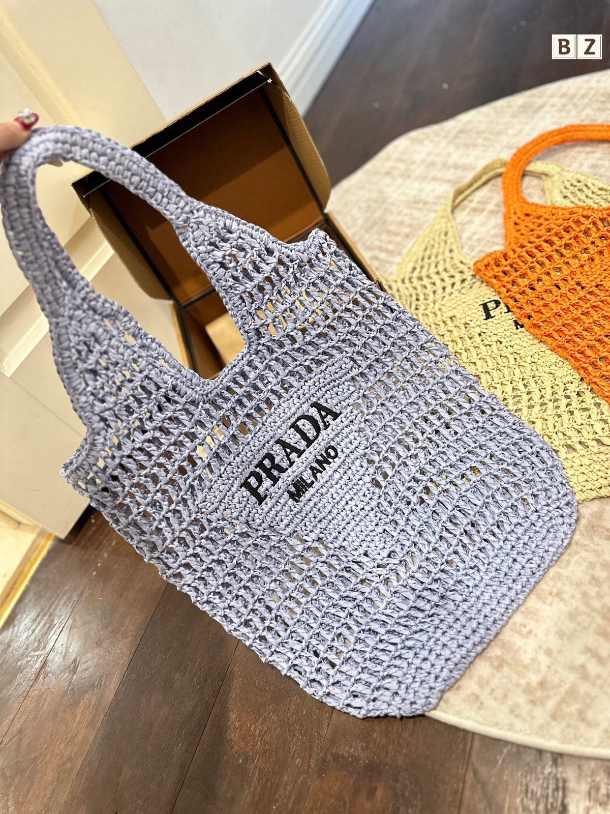 Prada Raffia Tote Bag-Blue