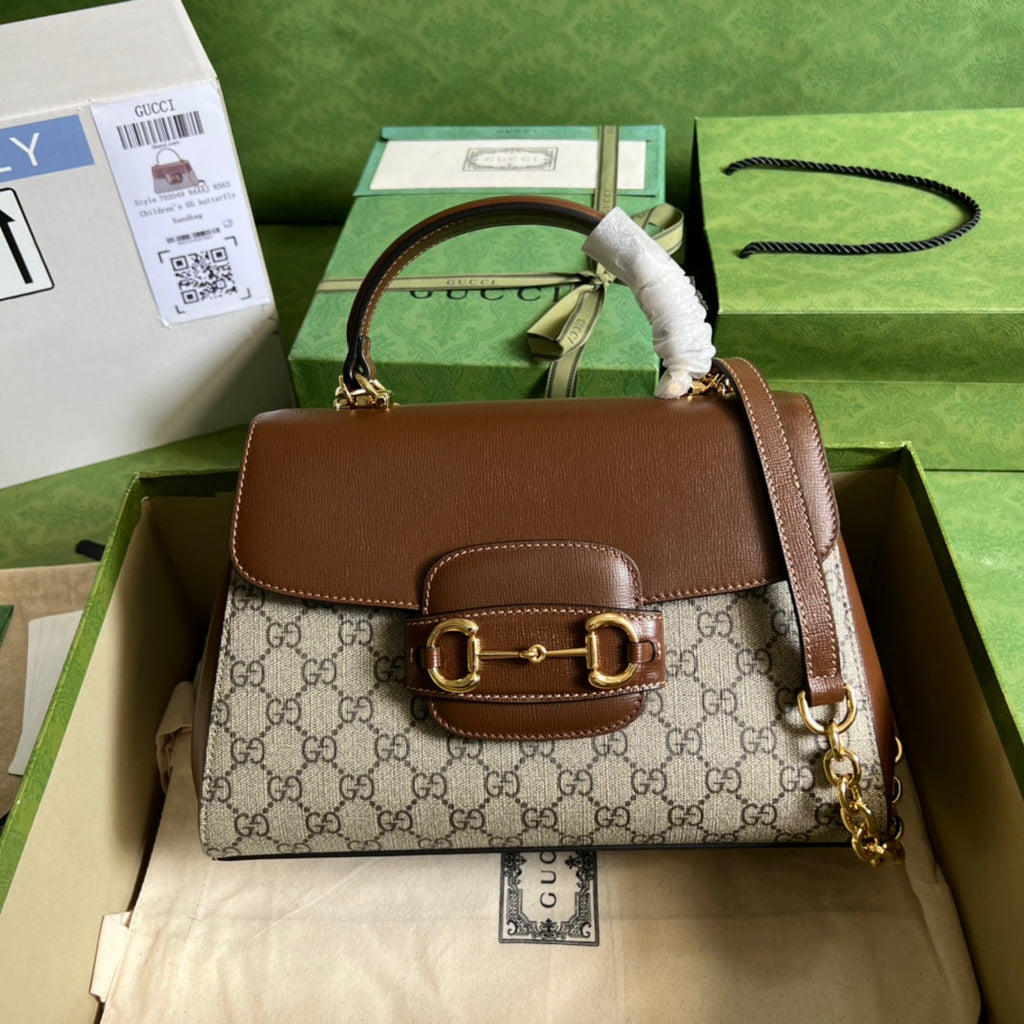 Gucci Horsebit 1955 Medium Ophidia and Brown Leather Handbag