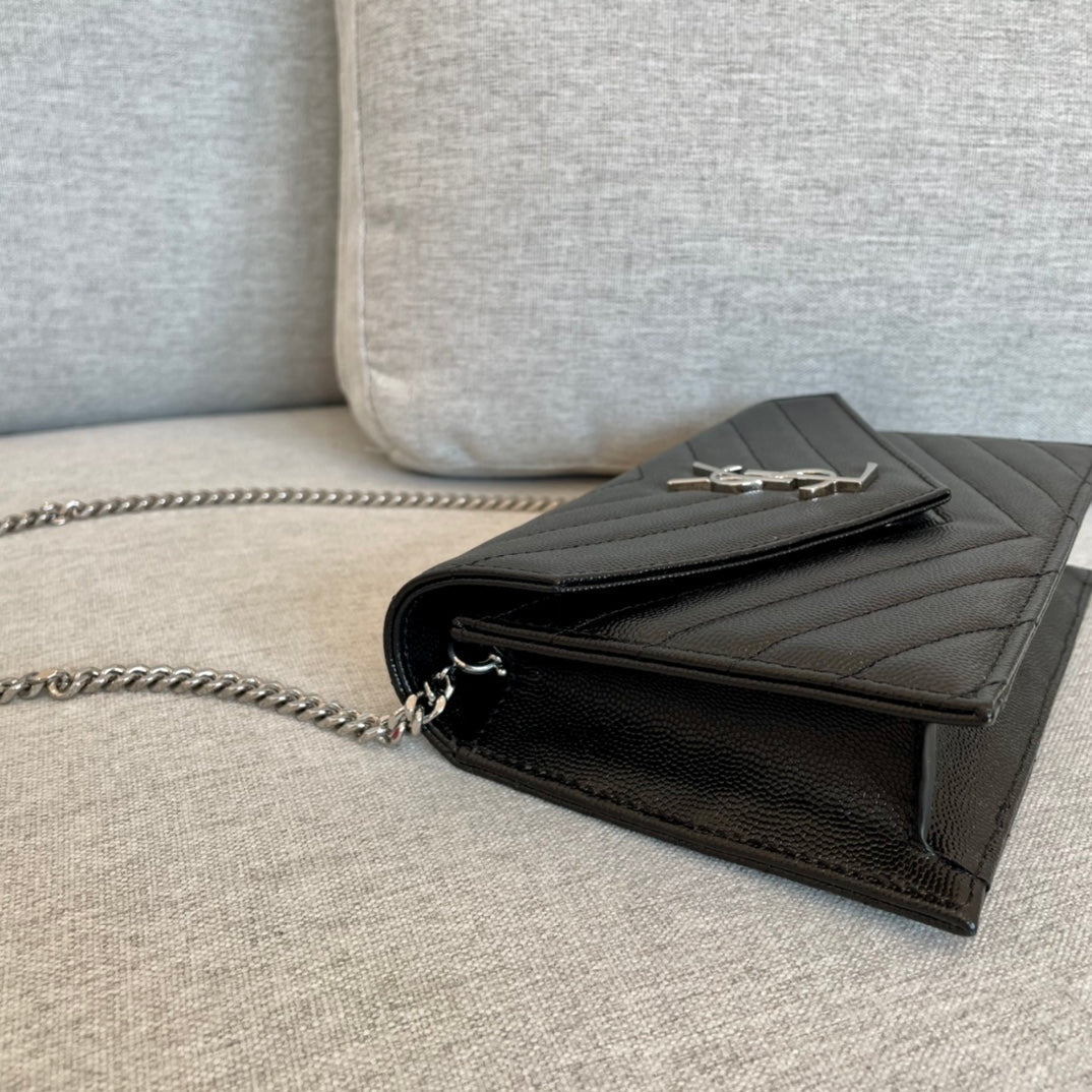 YSL Cassandre Envelope Chain Wallet Black Grain Leather