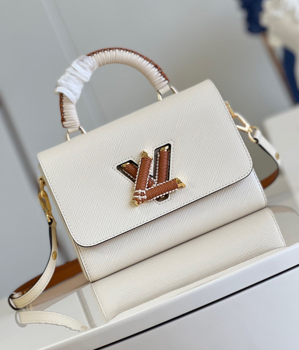 LV Twist MM Epi Leather Handle Crossbody Bag with LV Twist Lock White Quartz