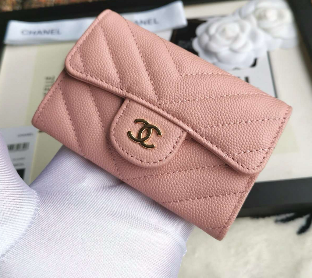 Chanel Caviar Chevron Quilted Compact Flap Wallet Pink - Matte Pink
