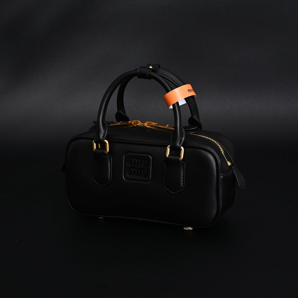 Miu Miu Black Matelassé Leather Satchel Bag – Mini Top Handle - Black with Gold-Tone Accents
