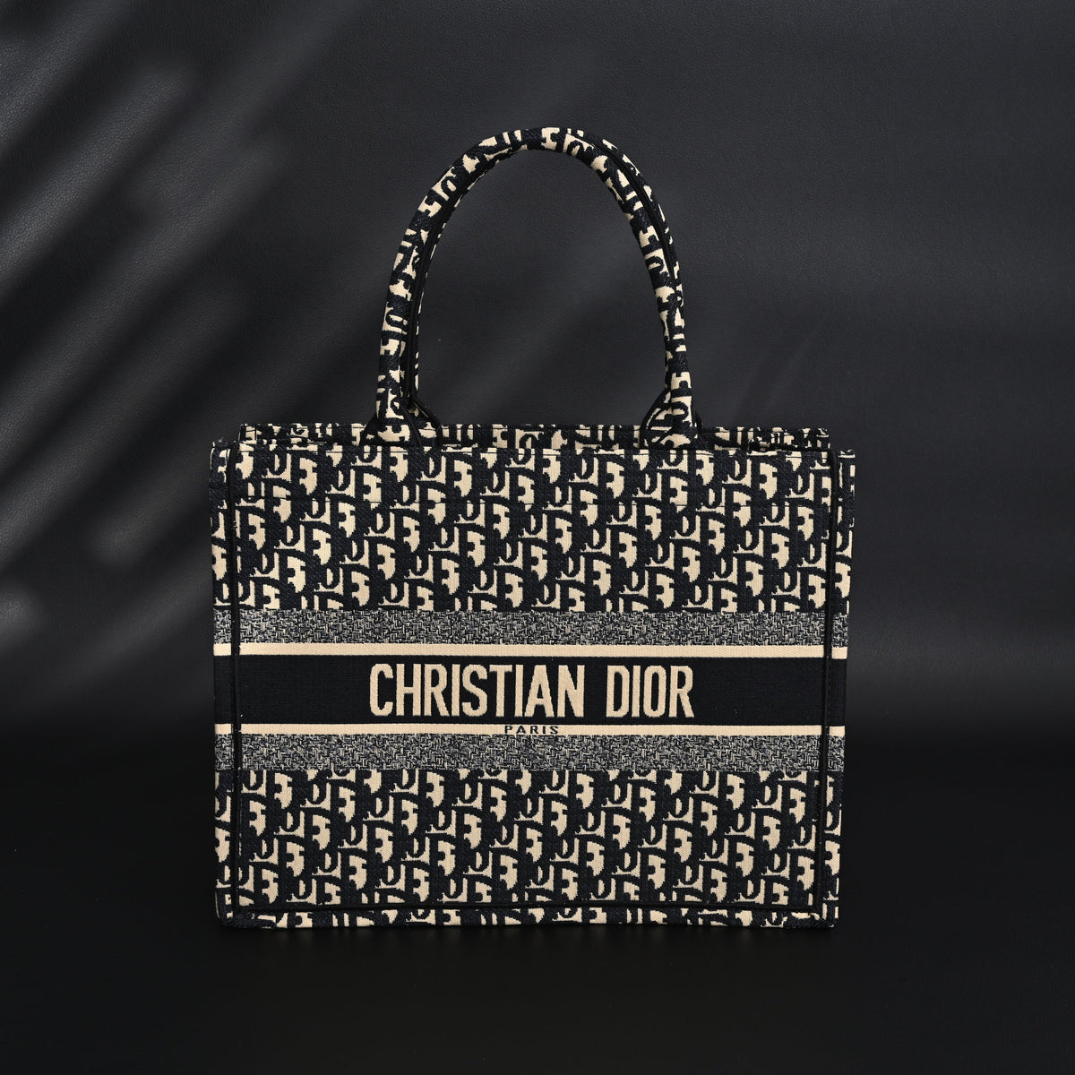 Christian Dior Medium Book Tote – Black Oblique Embroidery - Black with Beige Contrast