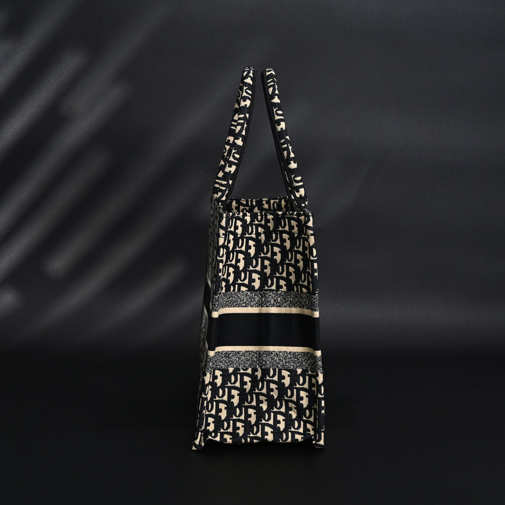 Christian Dior Medium Book Tote – Black Oblique Embroidery - Black with Beige Contrast
