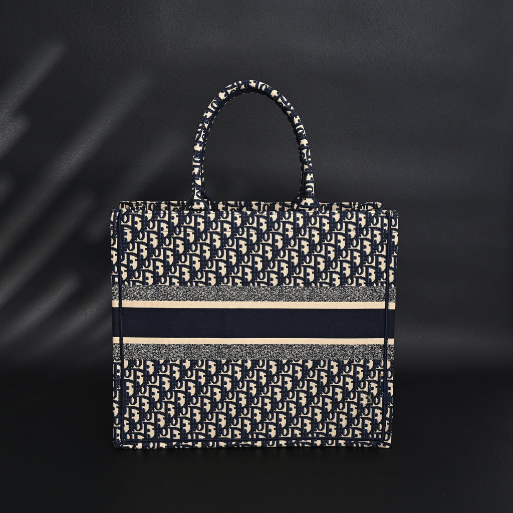 Christian Dior Large Book Tote – Blue Oblique Embroidery - Navy Blue