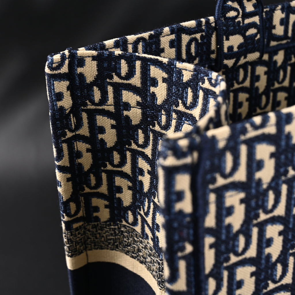 Christian Dior Large Book Tote – Blue Oblique Embroidery - Navy Blue
