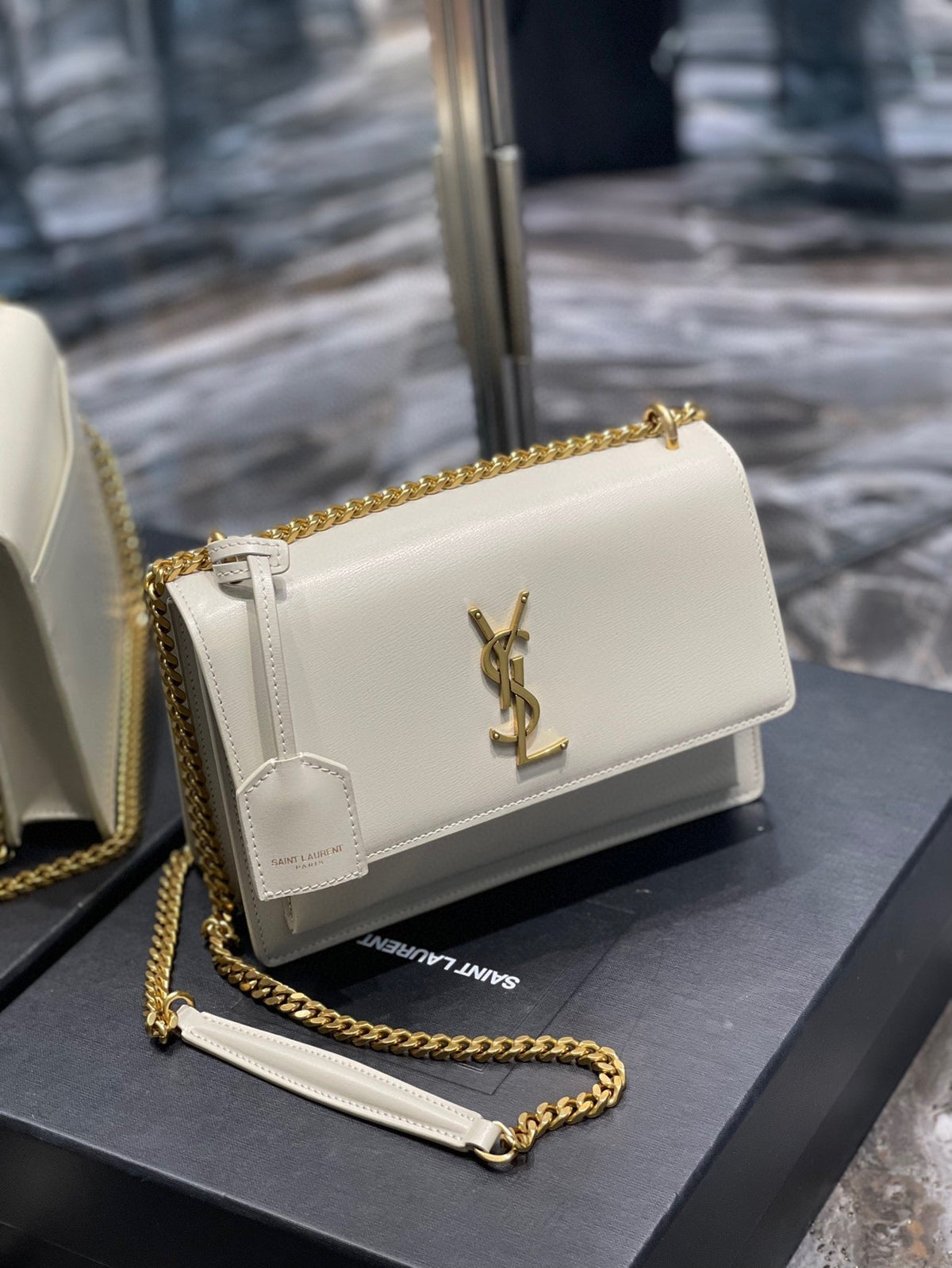 YSL Medium Sunset Bag 22 White Lambskin Gold Tone
