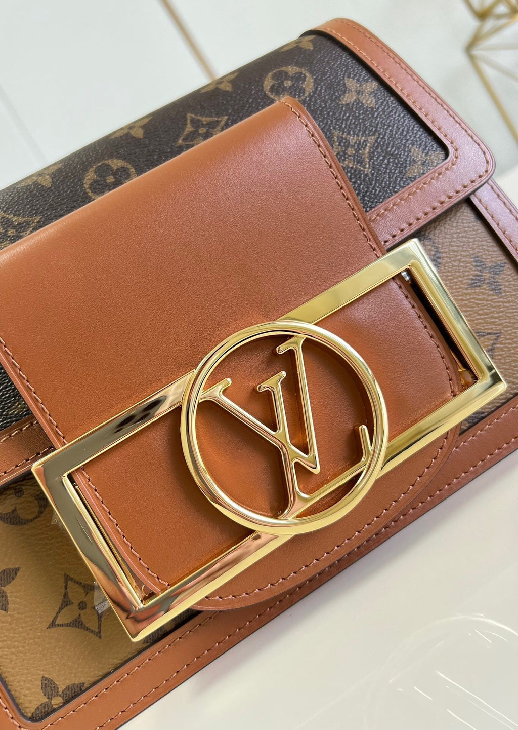 LV Dauphine MM Monogram Reverse Canvas Shoulder Crossbody Bag with Chain Strap and Leather Trim 25 cm - Brown