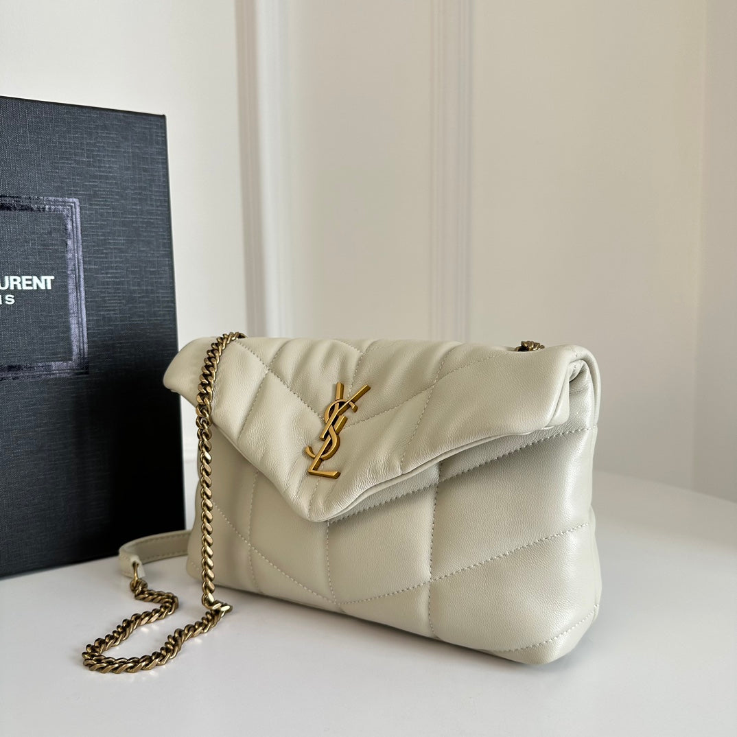 YSL Loulou Puffer Toy Quilted Lambskin Shoulder Crossbody Bag with Chain Strap White